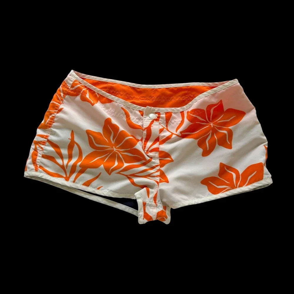 Y2K Reversible Board Shorts Women Orange White Hibiscus Floral Navy Colorblock